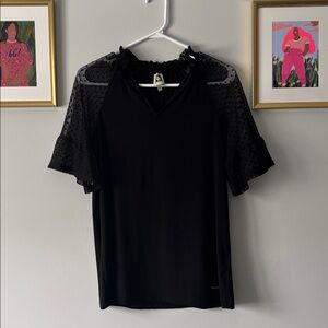 Anne Klein Black Blouse with Sheer Polka Dot Sleeves